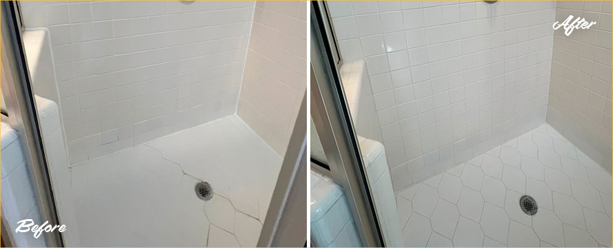 Shower Floor and Seams Before and After Our Caulking Services in Concord