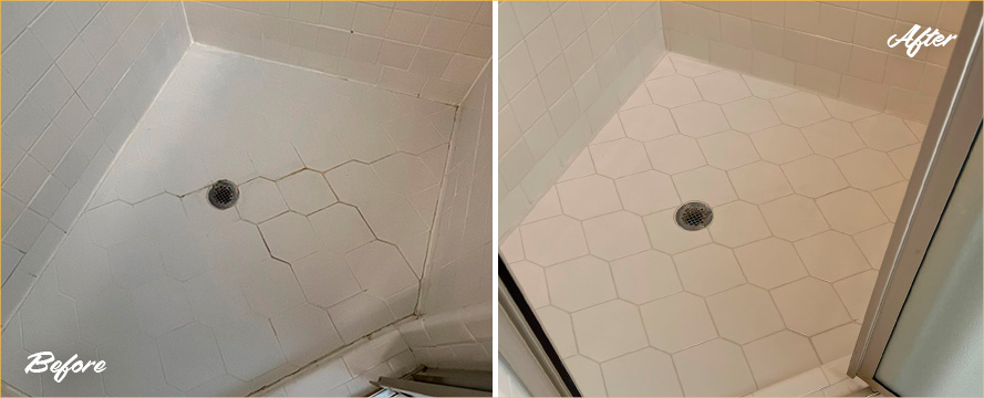 Tile Shower Before and After Our Caulking Services in Concord